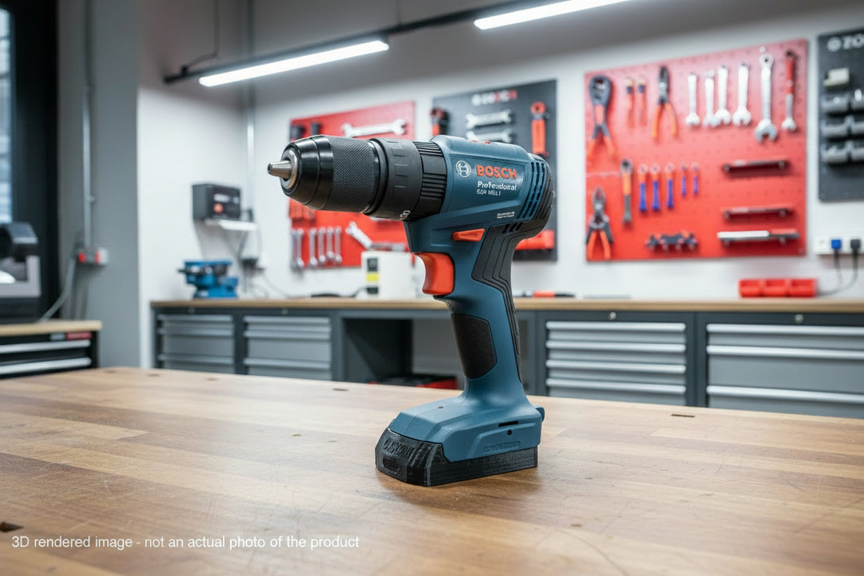 Bosch cordless drill on a wooden workbench with a workshop background