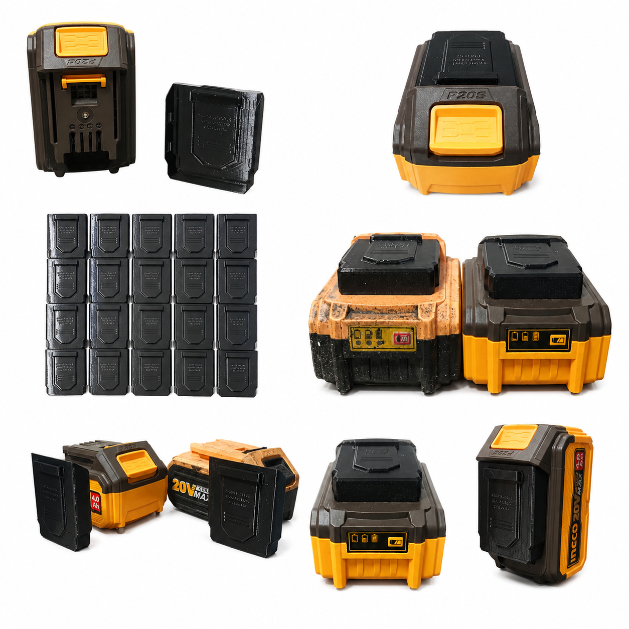 A collage of INGCO 20V batteries with dust covers