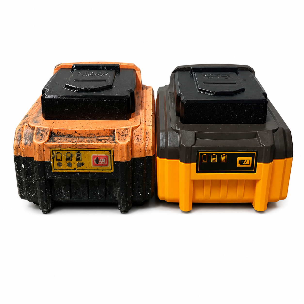 Two cordless power tool batteries shown side by side on a white background, one in orange and black and one in yellow and black.