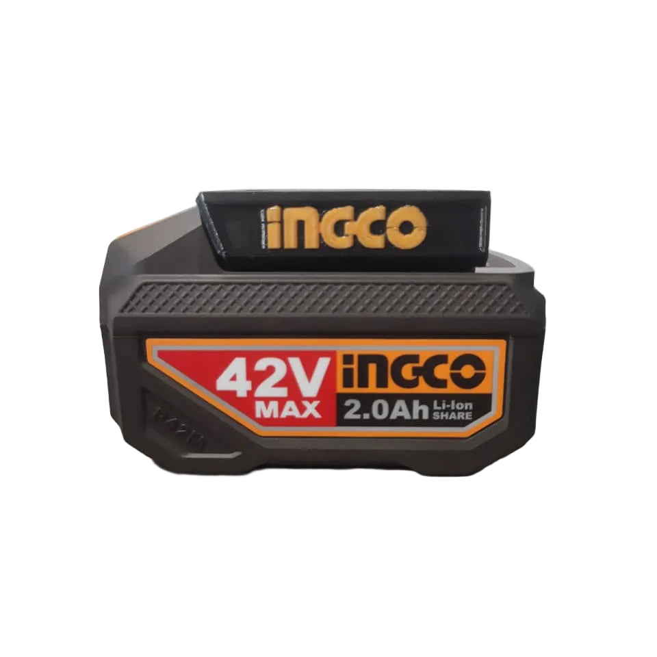 INGCO 42V MAX battery on a reflective surface with a white background