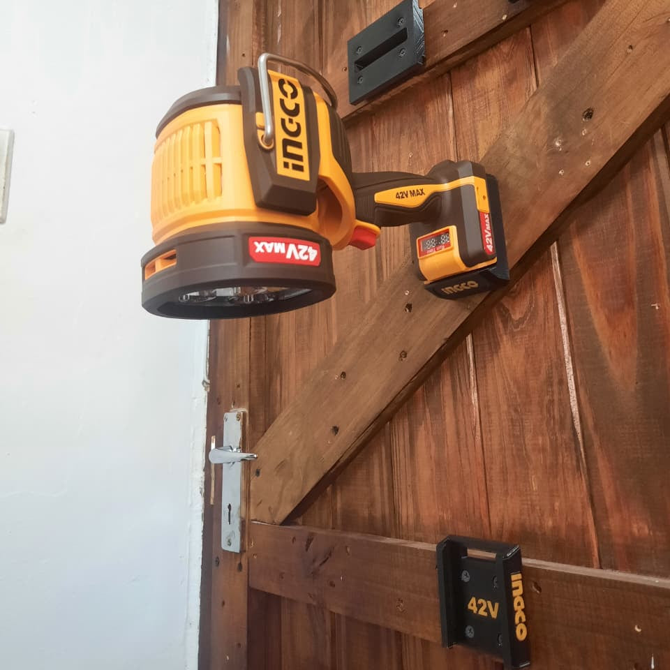 INGCO 42V Power tool mount with a 42V INGCO torch mounted on it.