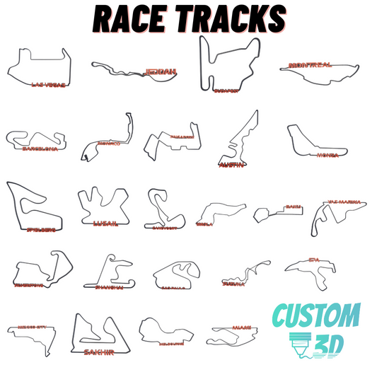 A collection of 3D printed race tracks with various real-life race track names like Monza, Monaco, and Silverstone.